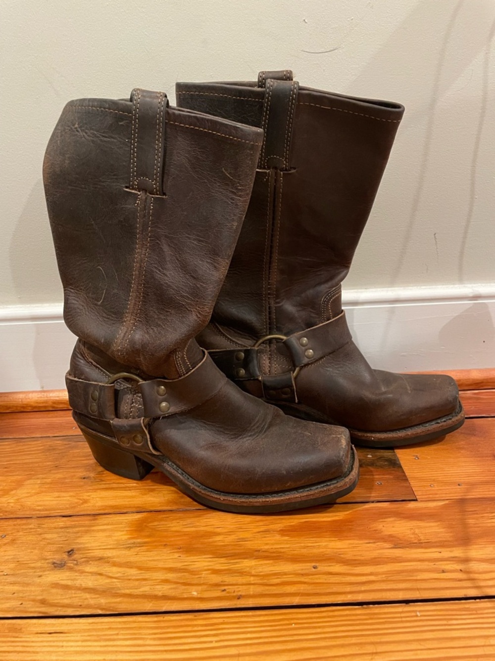 Frye Square Front Brown Leather Harness Moto Boots with Small Heal